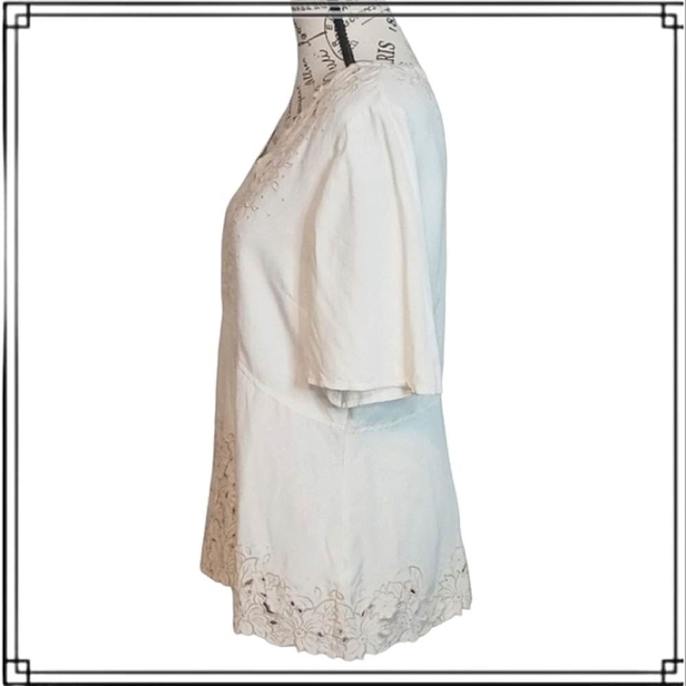 J. Jill Silk/Linen Cream Laser Cut Embroidered Floral Blouse Size Sm - Picture 6 of 10